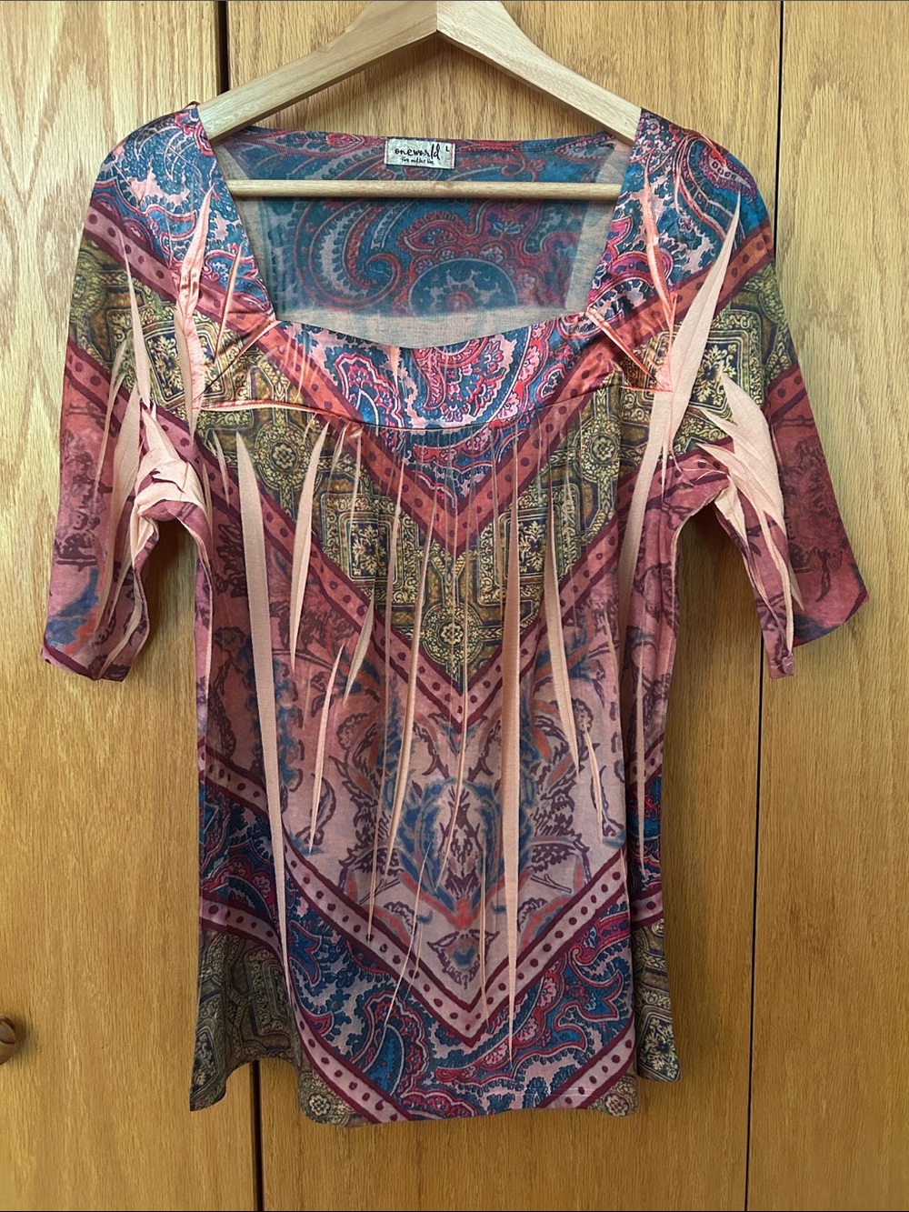 ONE WORLD Pink Multi Paisley Fringe-Print Short Sleeve Top